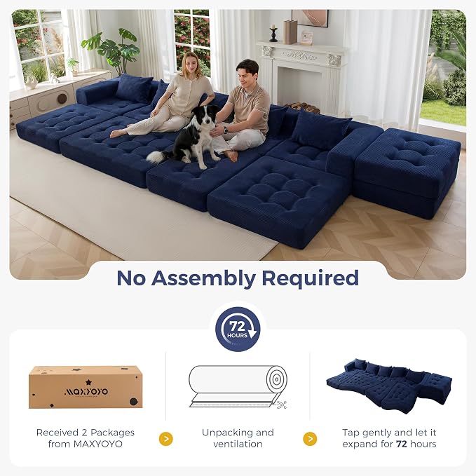 MAXYOYO Modular Sectional Sofa Couch, Foldable U Shaped Cloud Couch with Pillows, Tufted 6-Seat Boneless Lounger Floor Sofa Bed for Living Room, No Assembly Required, Navy