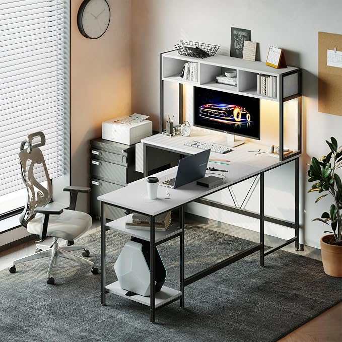 DUMOS 67" L Shaped Gaming Desk, Corner Desks for Compact Spaces with Keyboard Tray & Storage Shelf,Reversible Computer Desk with LED Lighting,Metal Frame PC Gaming Table for Home Office, White
