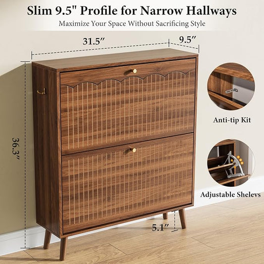 Nicetree Slim Shoe Cabinet for Entryway, 9.5" Narrow Shoe Storage Cabinet with Architectural Arched Fluted Front, Entryway Shoe Storage with Adjustable Shelves, Mid-Century Walnut