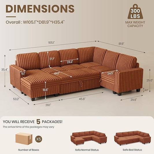 Belffin Corduroy Sleeper Sofa Bed with Storage Chaise Modular Sectional Sofa Couch with Pull Out Bed L Shaped Sectional Couches for Living Room Brick Red Couch