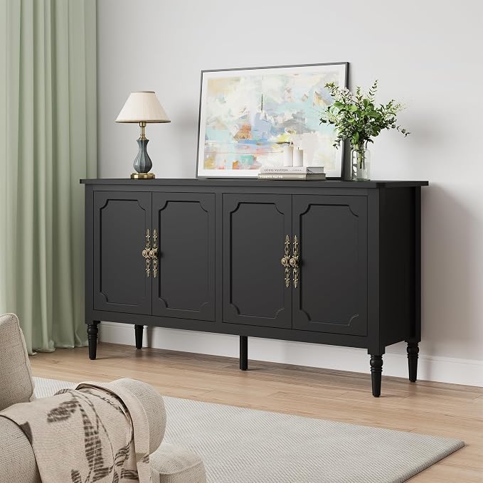 RoyalCraft 118" Buffet Cabinet with Storage, Vintage Sideboard with Adjustable Shelves, Mid Century Modern Painted Credenza Coffee Bar for Kitchen, Dining Room, Entryway, Living Room, Satin Black