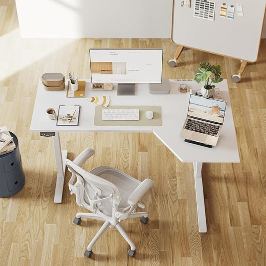 Agilestic Electric Standing Desk, Height Adjustable Desk, 55 x 32 Inch Sit Stand up for Work Office Home, L Shaped Ergonomic Rising Computer Table with Memory Preset, White