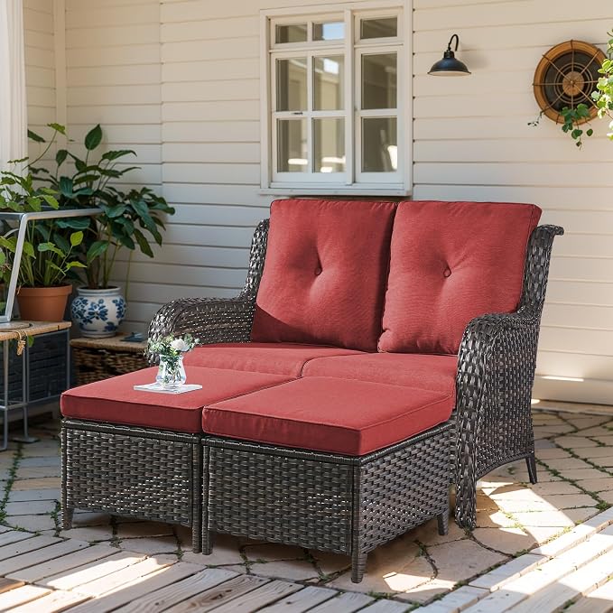 Outdoor Loveseat Sofa - 3 Piece Patio Furniture with Ottoman Deep Seating Patio Couch for Porch Deck Garden Backyard - Brown/Red