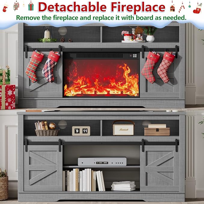 JUMMICO Fireplace TV Stand for 65+ Inch TV with 26'' Fireplace Entertainment Center with Storage Cabinet and Adjustable Shelves Media Console with Sliding Barn Door for Living Room (Pale Gray)