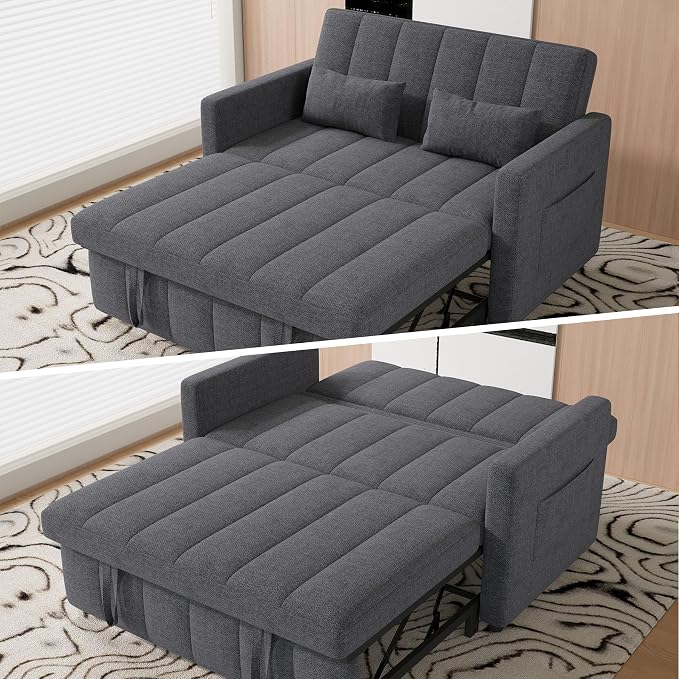 Nebuaegis Sleeper Sofa Bed,3-in-1 Convertible Pull Out Couch with Adjustable Backrest for Living Room,Loveseat Sofa Bed with Side Pockets,Easy Assembly,Light Gray,1 PCS