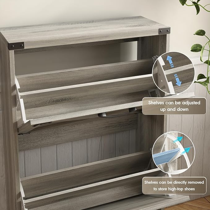 Maupvit 24" W Farmhouse Shoe Cabinet Storage for Entryway, Freestanding Organizer with 2 Flip Drawers, Narrow Shoe Rack Cabinet with Metal Corner Decoration, Washed Gray