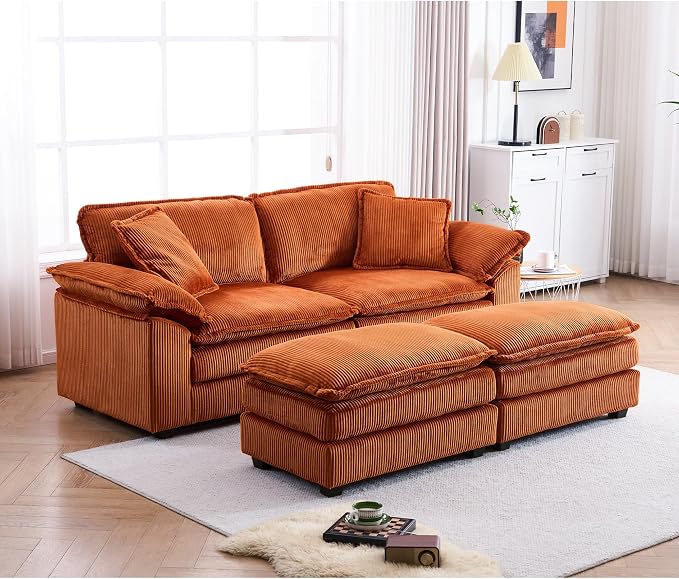 84.6” Corduroy Loveseat with Ottoman, Oversized Double Chaise Lounge Chair Indoor Deep Seat Two Seater Couch Cloud Couch Modular Sectional Sofa for Living Room(Corduroy Orange)