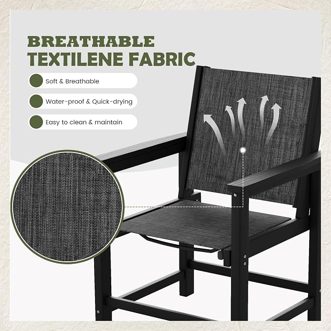 UDPATIO HDPE Dining Chair Set of 2, Heavy Duty Extra-Wide Outdoor Chairs with 360 lb Load Capacity, Easy to Assembly, All-Weather Seating for Patio, Pool, Garden, Backyard,Light-Black
