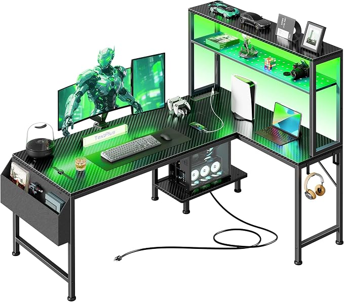 PRAISUN L Shaped Gaming Desk with LED Lights & Power Outlets, Reversible Computer Desk with Storage Shelves & Bag, Large Corner Home Office Desk with Pegboard for Work from Home, Carbon Fiber Black