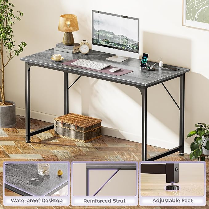 PRAISUN 47 X 20 Inch Office Computer Desk with Power Outlets and USB-C Port, Larger Gaming Desk, for Home Office, Study, Bedroom, Writing Work from Home Table, Metal Frame, Grey