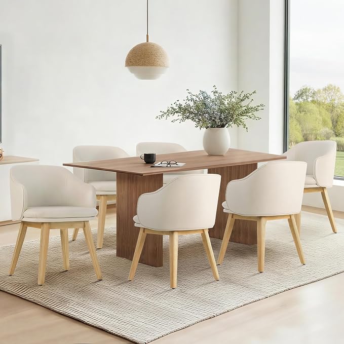 KISLOT Wooden Dining Chairs Set of 2, Faux Leather Upholstered Modern Dining Room Chairs with Barrel Backrest & Double-Layer Thick Cushion for Living Room, Restaurant, Kitchen and Café, Beige