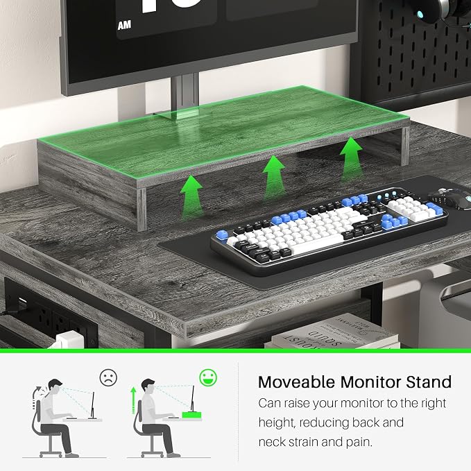 Small Gaming Desk with 2 Fabric Drawers - Reversible Computer Desk with Power Outlet & LED Lights, 49" Office Desk with Monitor Stand & Storage Shelves, Writing Study Table with Pegboard, Grey Oak