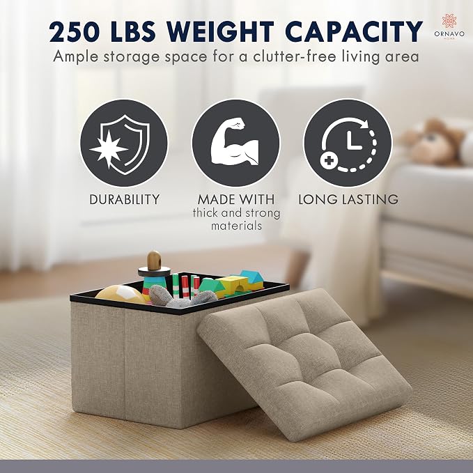 Ornavo Home Small Storage Ottoman, Set of 2, Foldable Collapsible Rectangle Linen Ottoman Foot Rest Stool Seat, for Living Room, Bedroom, Home Office, Dorm - 12 x 16 x 12, Taupe
