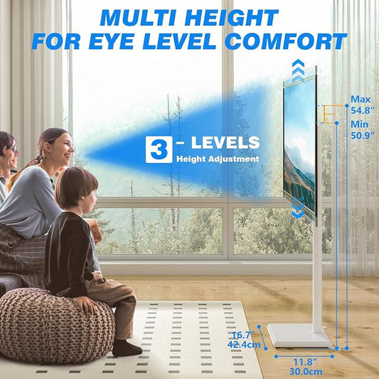 Rfiver Swivel Floor TV Stand with Mount for 28-60 inch TVs up to 88 lbs, Height Adjustable Tall TV Stand with Wood Base, Saving Space Design for Bedroom, Living Room and Corner, White