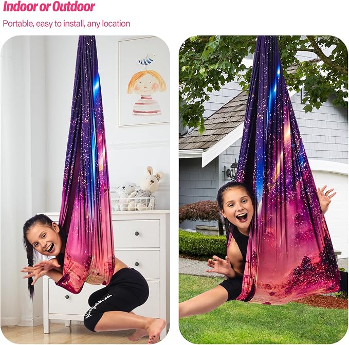 Sensory Swing for Kids & Adults Holds up to 300lbs Indoor & Outdoor Double Layer Therapy Cuddle Swing with 360° Swivel Hanger Kit for Calming, Effect for Autism, ADHD or SPD. (Fantasy Pink)