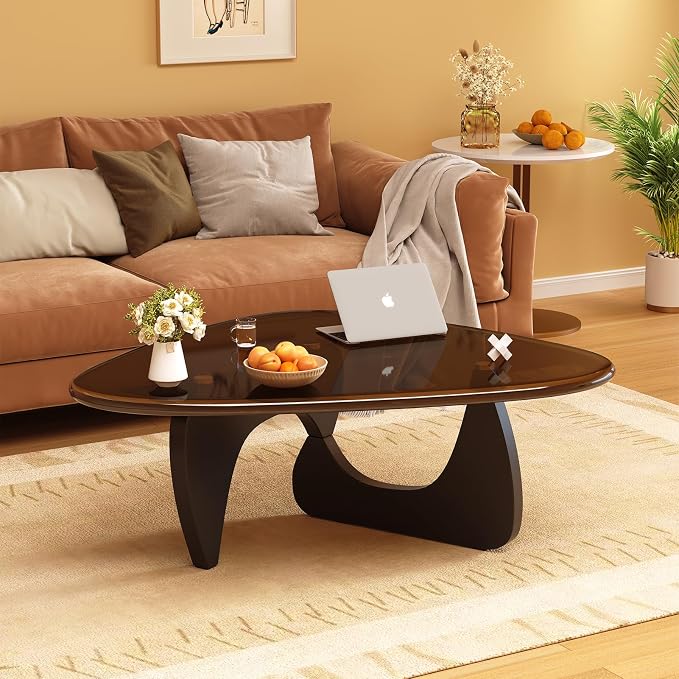 Coffee Table for Living Room Mid Century Modern Center Small Table with Glass Top and Wood, Black Brown(36 Inch)