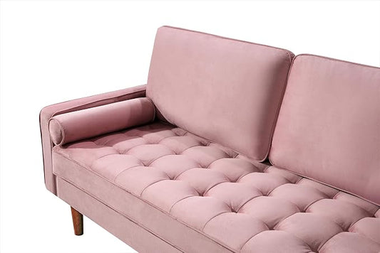 Container Furniture Direct Womble 58 Inch Velvet Loveseat Sofa with Elegant Button Tufted Upholstery, Square Arms, Splayed Wood Legs, Includes Matching Bolster Pillows, Elegant Rose