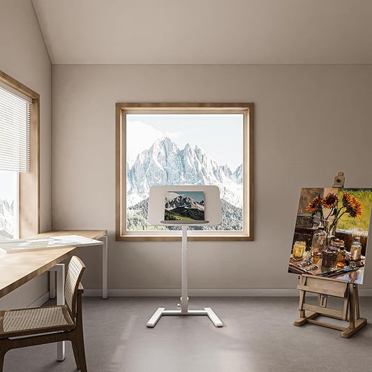 alawooder 25" Mobile Folding Desk: Pneumatic Sit-Stand, No Assembly | 29-42" Height Adjustable Rolling Laptop Desk, Hidden Wheels, 0-90° Tilt Top. Ideal for Home Office, Craft & Study.