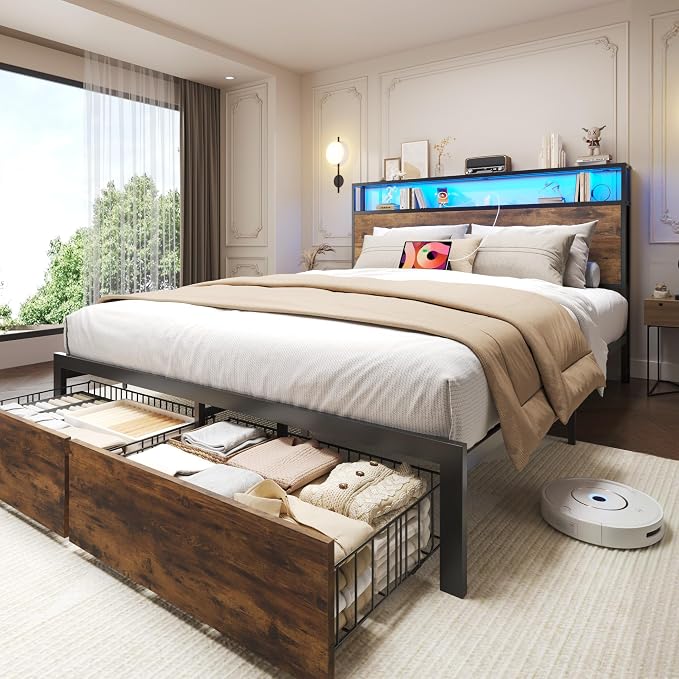 Lifezone Full Bed Frame with 2-Tier Storage Headboard, Metal Bed Frame with Storage Drawers & Built-in Charging Station & LED, Noise-Free, No Box Spring Needed, Easy Assembly, Rustic Brown