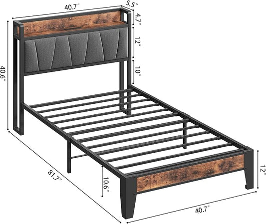 LIKIMIO Twin Bed Frames, Storage Headboard with Charging Station, Solid and Stable, Noise Free, No Box Spring Needed, Easy Assembly