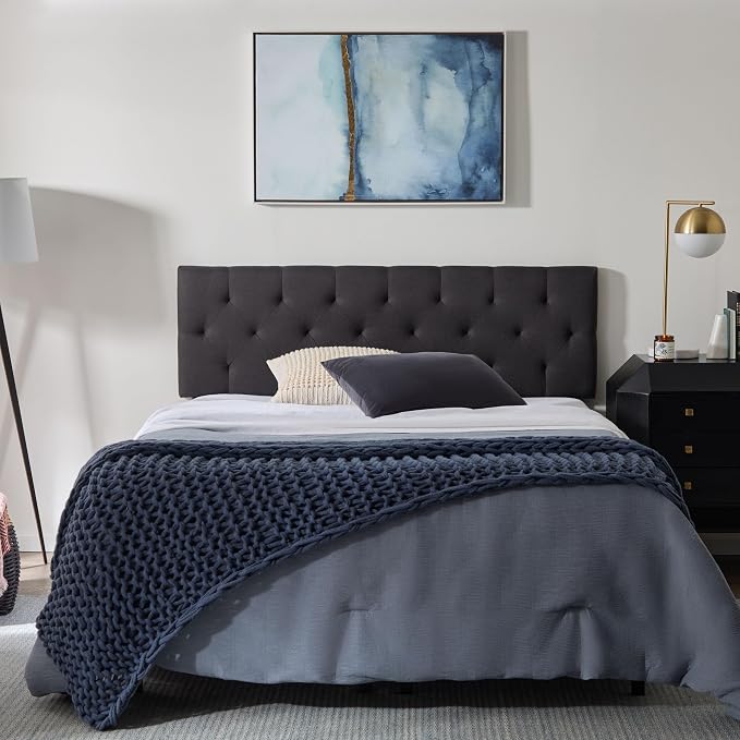 Lucid Mid-Rise Upholstered Headboard - Diamond Tufted - Padded Polyester - Adjustable Height from 34” to 46” - Easy Assembly - Bed Frame or Wall Mount - Sturdy - Charcoal - Queen Size