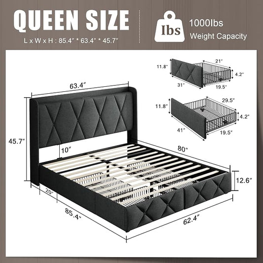 Einhomn Queen Bed Frame with 4 Storage Drawers and Charging Station, Upholstered Platform Bed Frame with Storage Headboard, No Box Spring Needed, Easy Assembly, Dark Grey