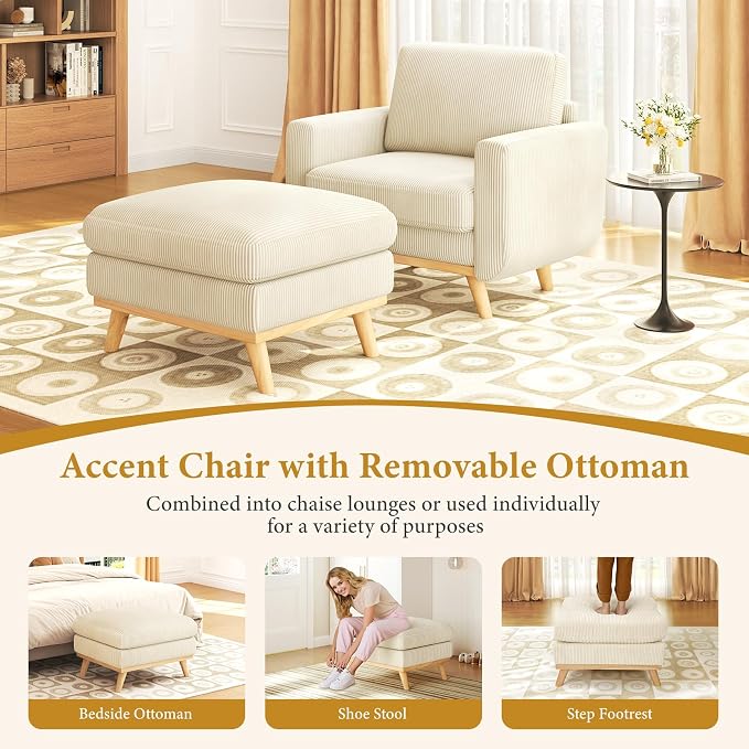 Vesgantti 38.5" Accent Chair with Movable Ottoman, Comfy Corduroy Armchair with Spring Cushion, Reading Chair with Ottoman, Modern Single Sofa for Living Room, Bedroom and Apartment, Beige