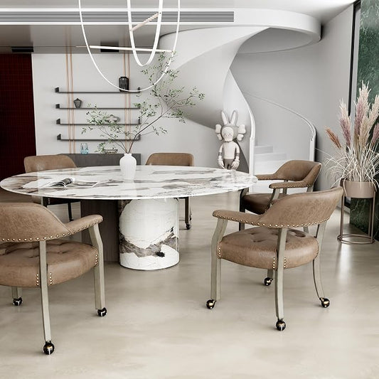 LEEMTORIG Set of 6 Dining Chairs with Casters and Arms, Rolling Dining Chairs with Wheels for Elderly, Ergonomic Wide Seat Wood Office Chairs, 26"Dx25.2"W, Grey Legs&Yellowish Brown Fabric SY-1318-LT