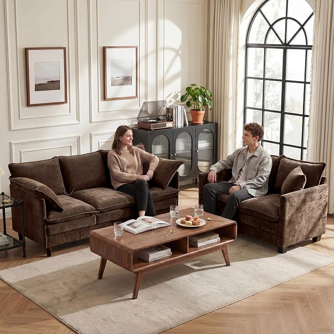 Loveseat Sofa Couch 2 Piece Set, Small Compact 50" Love Seat 27" Deep Cloud Sofa Set Washable Chenille Pillow Living Room Set for Apartment Office 8833-BROWN-2+2