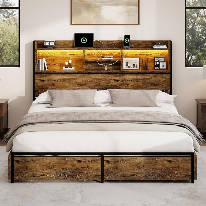 BRELTAM Queen Storage Bed Frame with 6 Drawers, USB Charging Station, No Noise, No Box Spring Required, Vintage Brown Headboard Platform Bed