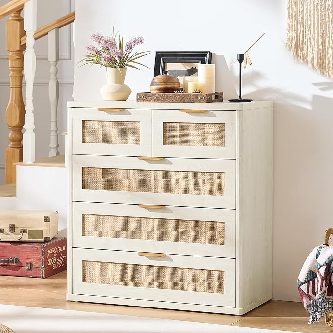 LEYAOYAO White Dresser for Bedroom, 33.5" Tall Chest of Drawers, Modern 5 Drawers Boho Rattan Dressers with Storage, Dresser Wooden Closet Organizer for Living Room, Hallway