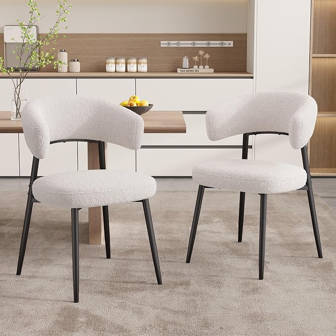 Dining Chairs Set of 6, Mid Century Modern Kitchen Chairs, Boucle Upholstered Dining Chair with Curved Backrest & Metal Legs for Kitchen Dining Room, White