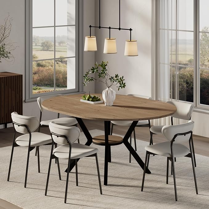 42"-58" Extendable Round Dining Table for 4-6, Kitchen Oval Table with Built-in Flip Leaf & Storage Shelf, Space Saving Modern Design with Sturdy Metal Legs for Kitchen, Living Room & Small Apartments