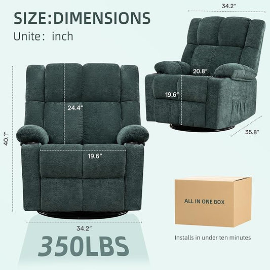 Swivel Rocker Recliner,Rocking Reclining Chair with Adjustable Headrest for Adults,Upholstered Fabric Swivel Recliner Chair for Bedroom,Living Room,Green