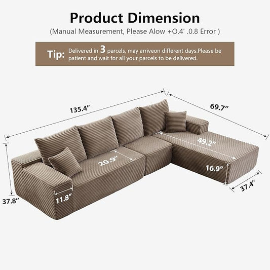 135" Cloud Sectional Couch with L-Shape Chaise, Modern Cloud Couch with Deep Seat, Modular Sectional Couches for Living Room, Apartment, Office, No Assembly Required Camel