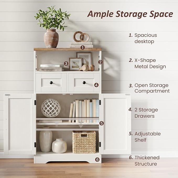 Befrases Farmhouse White Storage Cabinet with Doors and Drawers, Freestanding Kitchen Pantry Cabinet, Floor Storage Cabinet Hutch Cupboard for Kitchen, Living Dining Room, Bathroom