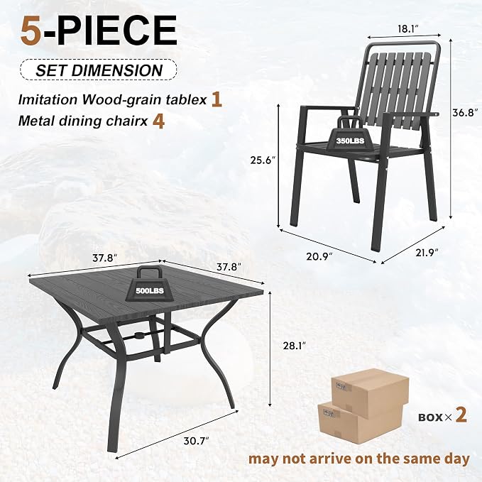 Outdoor Dining Set for 4, Patio Table and Chairs Set with 1.97'' Umbrella Hole, 5pcs Patio Furniture Set 37.8”x37.8” Black Dining Table Set for Porch Deck Backyard Pool