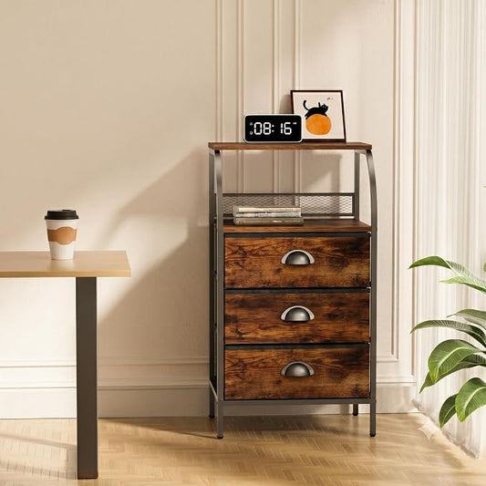 Night Stand Set 2, Tall Nightstand with 3 Fabric Drawers, Bedside Table with 2-Tier Wood Shelf, End Table for Bedroom, Steel Frame, Wood Top, Rustic Brown