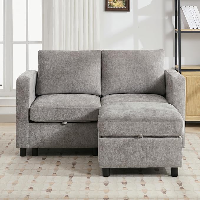 WUTUTUEE 25”Square Storage Ottoman Module for Modular Sectional Sofa, Living Room Coffee Table Sectional Ottoman Footrest for Convertible Couch, Chenille Light Grey