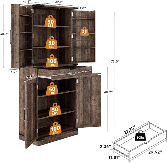 GRUSIGN 72" Kitchen Pantry Storage Cabinet with Doors and Shelves, Wood Farmhouse Pantry Storage with Barn Doors for Kitchen, Dining Room, Living Room, Dark Brown