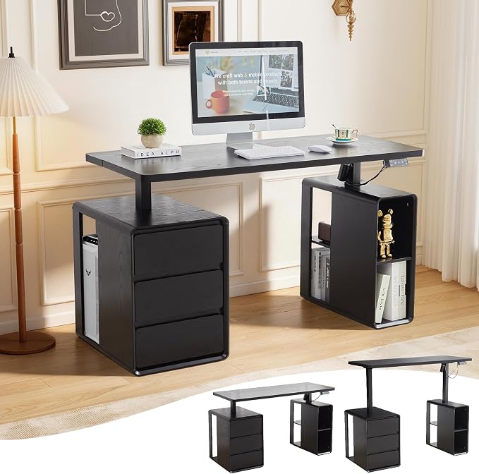 Electric Standing Desk with Drawers, 55" Office Desk Height Adjustable Executive Desk with Storage Shelves, Simple Setup Wood Desk Home Office Stand up Desk for Work, Study, Writing, Black