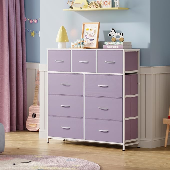 WLIVE 9 Drawer Dresser, Fabric Storage Tower for Bedroom, Hallway, Closet, Tall Chest Organizer Unit for Bedroom with Fabric Bins, Steel Frame, Wood Top, Easy Pull Handle, Purple