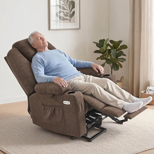 MCombo Power Lift Recliner Chair for Elderly, Lift Chair with Heat and Massage, FSC Certified, USB&Type C Ports, Cup Holders, Fabric 7040 (Medium,Brown)