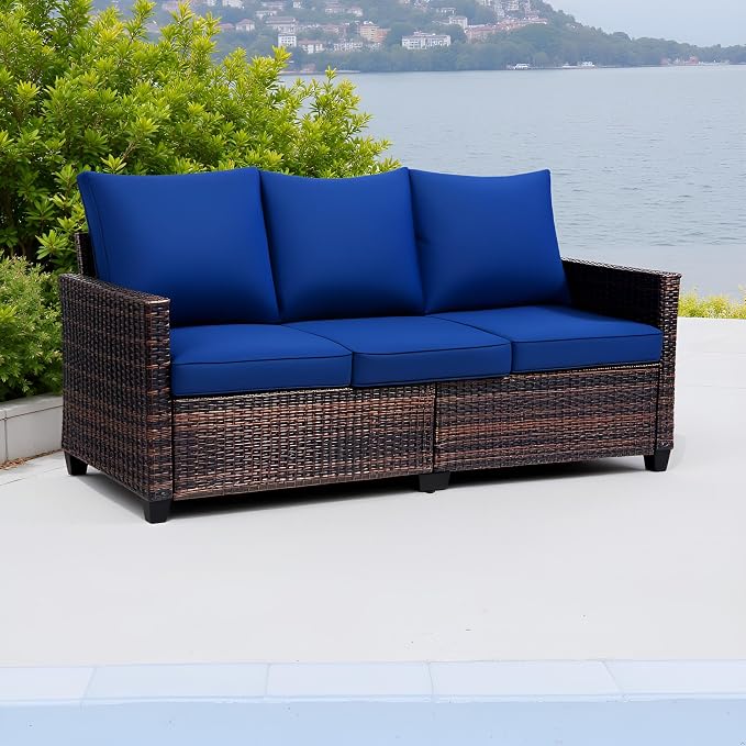 3-Seat Outdoor Sofa, PE Rattan, Blue | High Back Support,Deep Seat Comfort,All-Weather Cushions,For Patio/Garden/Deck,Modern Style