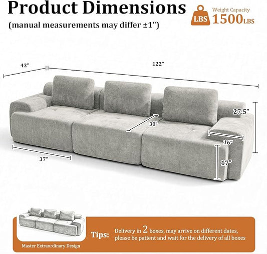 122" Oversized Boneless Couch, Comfort Cloud Sectional Couches for Living Room, Modular Sofa High Back & Extra Deep Seat, No Assembly, Soft Chenille Fabric (Light Grey, 122 inch-(3+0))