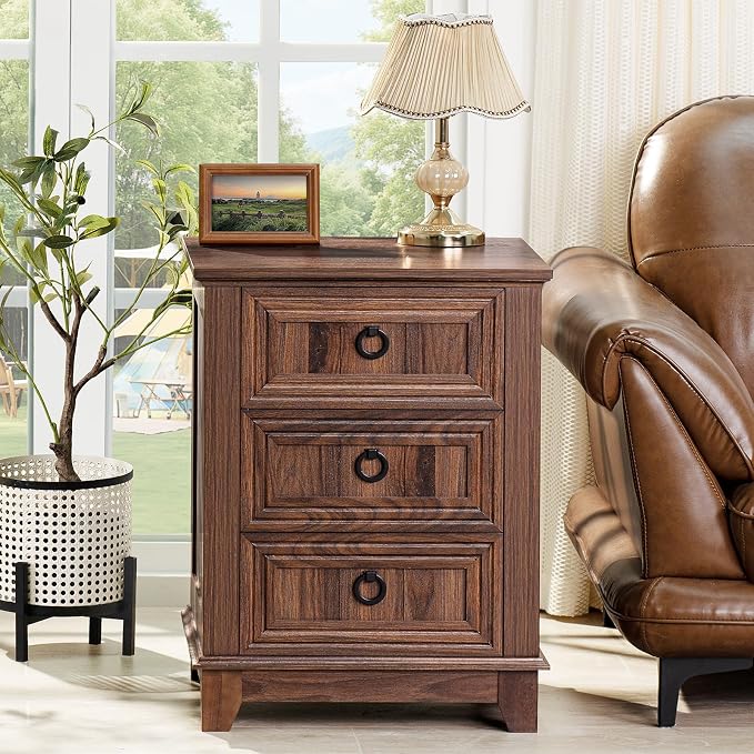 Joaxswe Farmhouse Nightstand Set of 2, 18 Inch End Table with 3 Drawer Metal Handle, Dresser for Bedroom, Sofa Bed Side Table Chest of Drawers,Wood Night Stand Cabinet for Organizer, Living Room-Brown