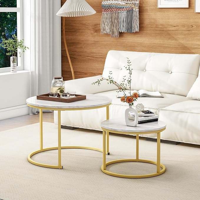 HOJINLINERO Round Coffee Table,Nesting Coffee Table Set of 2,Center Tables for Living Room,Office, Home Small Space,Stacking Side Tables,Sturdy and Easy Assembly,Wood Desktop,Golden+White,Large