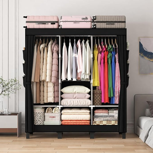 Portable Closet Wardrobe Closet for Hanging Clothes with 3 Hanging Rods for Bedroom, Non-Woven Fabric Clothes Closet for Living Room Easy Assemble (Black, 3 Columns, 51.2 inch Width)