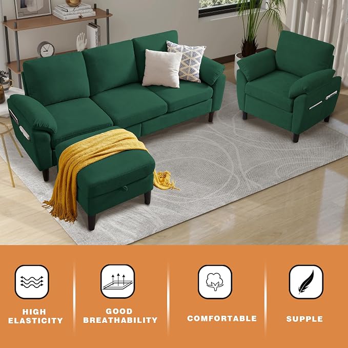 3 Piece Convertible Sectional Sofa Set, Modern Linen Small L Shaped Couch with Reversible Ottoman and Accent Chair, 3-Seat Sofa Couches for Living Room, Office, Apartment, Green