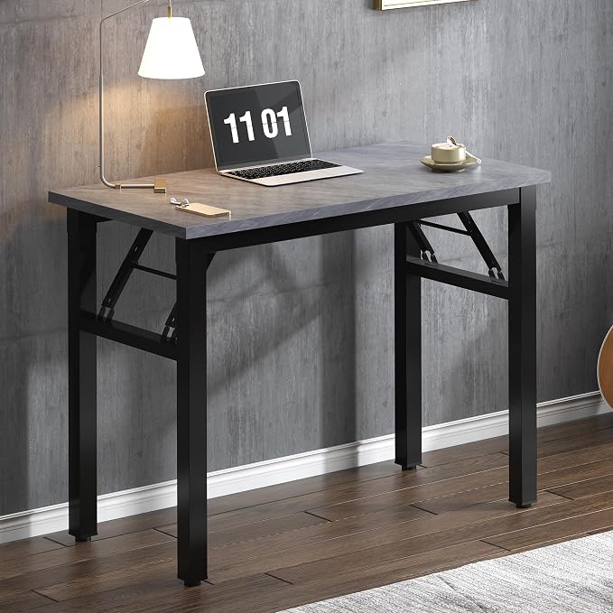 Need 31.5 Inch Folding Desk for Small Spaces, Home Office Computer Desk with Grey Wood Top & Black Frame, Foldable Writing Table for Study, Bedroom, Dorm Room & Student